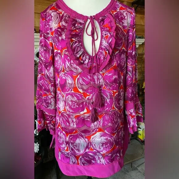 Tory Burch Sz 4 Gwenna Deep Pink Floral Keyhole Oval Ruffled front Tie front - Picture 4 of 14